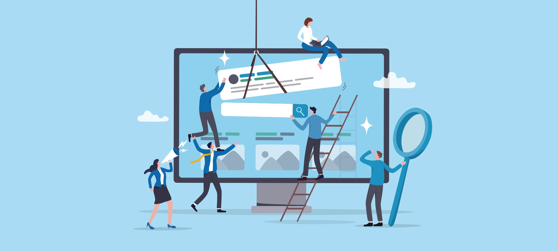 Teamwork develop website, building software or application project, team planning or website optimization, build website on computer monitor.
