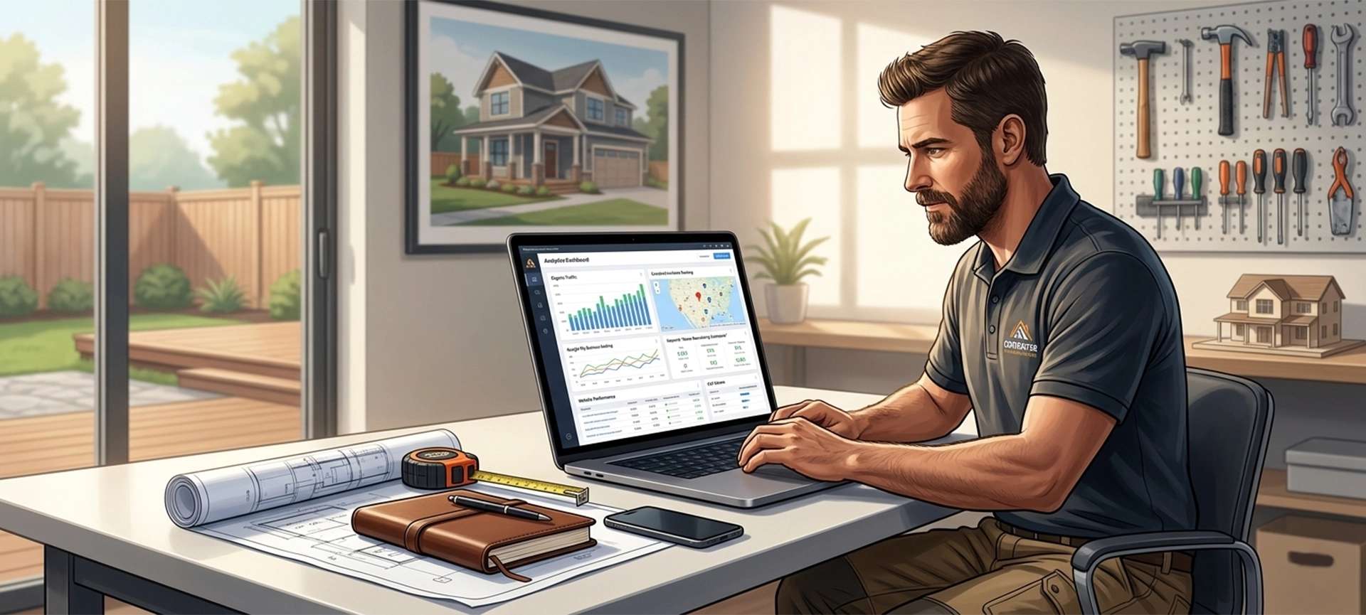 Digital marketing strategies for contractors showing SEO analytics and website performance