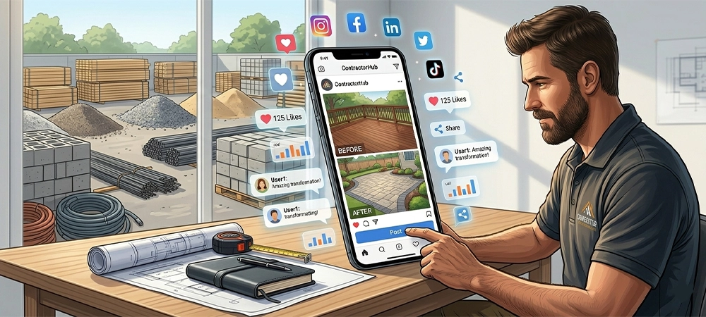 Contractor posting project updates on social media with before and after results