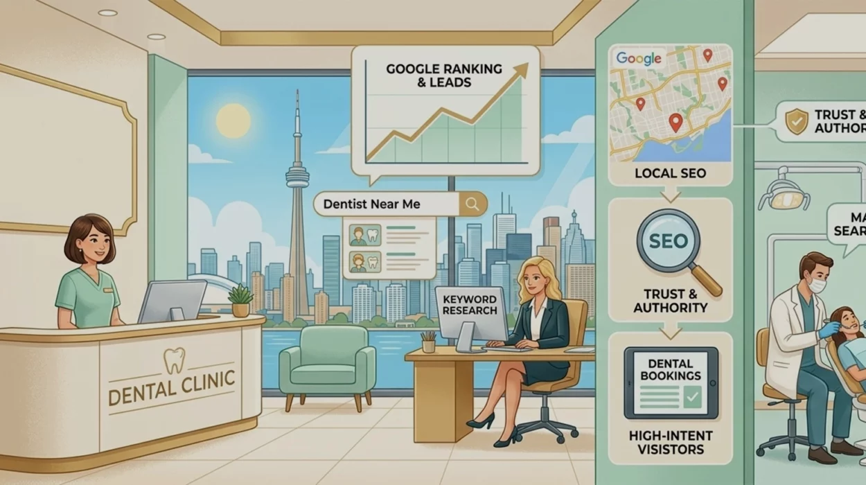 Multi-panel visualization of Toronto local dental SEO data.
