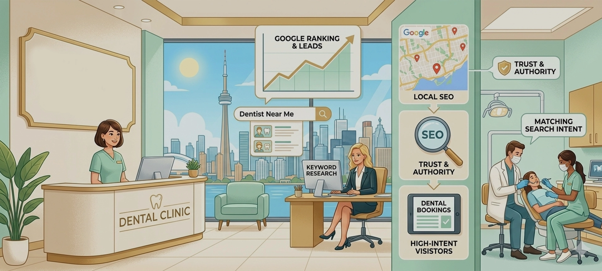 Multi-panel visualization of Toronto local dental SEO data.