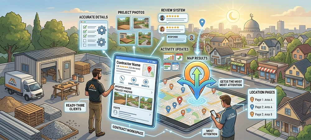 Google Business Profile for contractors showing local SEO map rankings and reviews