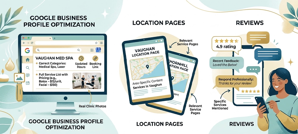 three-panel guide for a med spa. Left panel: Google Business Profile with listing details for 'Vaughan Med Spa'. Center panel: 'Location Pages' on two tablets with maps for Vaughan and Thornhill. Right panel: 'Reviews' with a phone showing a 4.9 rating and text about managing feedback.