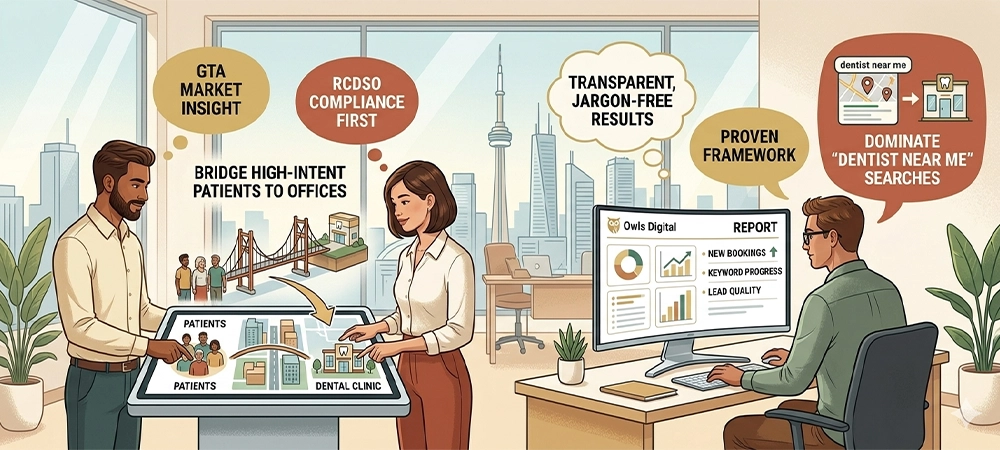 Infographic illustrating an optimized Google Business Profile, consistent citations, and patient review management.