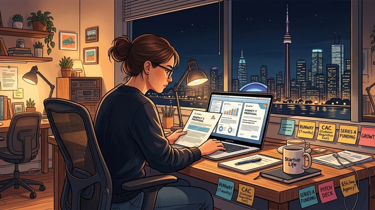 digital marketing for startups Toronto founder reviewing agency proposals with limited runway
