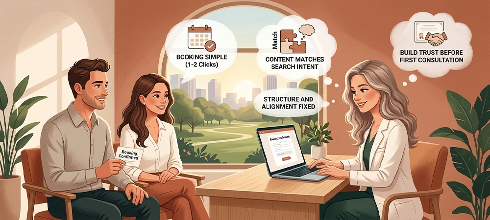 A couple sits with a smiling Med Spa consultant at a natural wood desk, holding a 'Booking Confirmed' card.