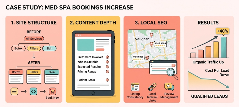 four distinct, non-tabular panels with soft coral and teal colors, presenting a case study. One panel shows 'Before' and 'After' site sitemaps for specialized services. A tablet lists points for 'Content Depth'. A map of Vaughan illustrates 'Local SEO'. The final 'Results' panel displays an upward-trending graph with a '+40%' increase.