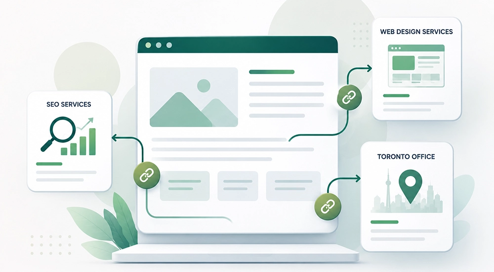 Modern internal linking SEO illustration showing connected web pages and optimized website navigation structure.