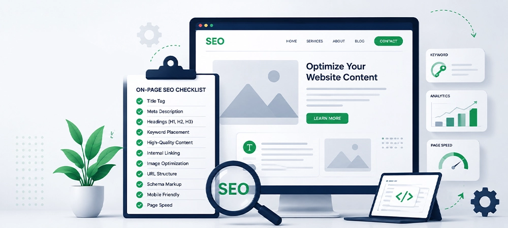 Illustrative SEO content optimization workflow with website structure, headings, and search ranking analysis dashboard.