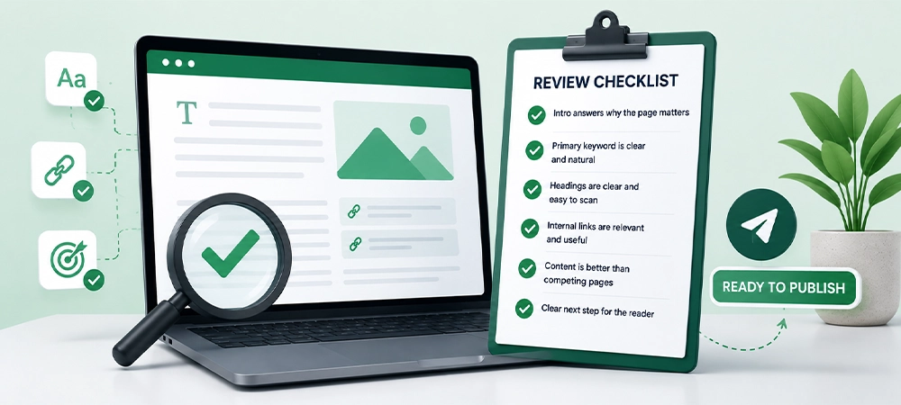Clean illustrative on-page SEO review process featuring content checks, page optimization, and search visibility analysis.