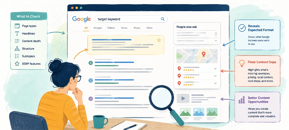 search engine results page analysis featuring SERP elements, ranking content types, keyword opportunities, and SEO research.