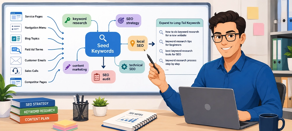 seed keyword research process using service pages, blog topics, customer insights, and SEO keyword expansion.