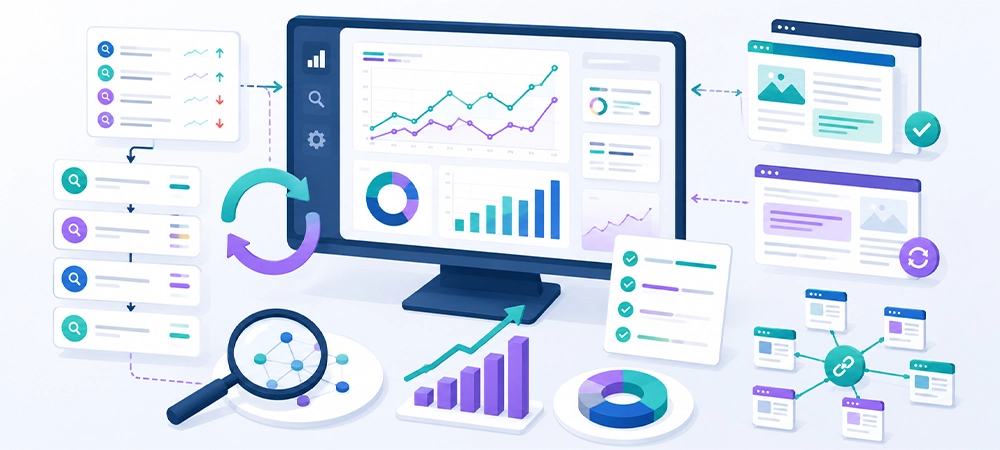 SEO analytics dashboard showing keyword tracking, traffic analysis, content optimization, internal linking, and performance improvements.
