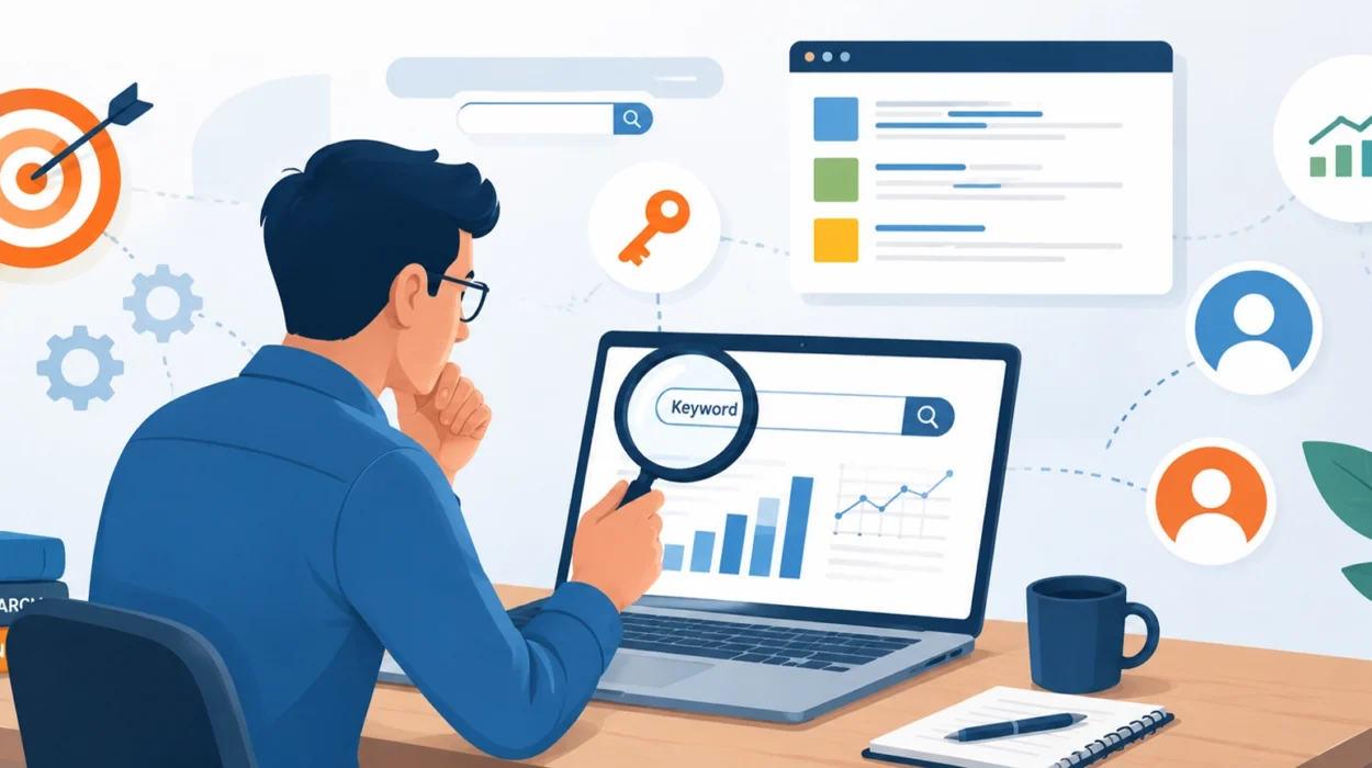 SEO keyword research concept showing search analysis, keyword planning, content strategy, and website optimization workflow.