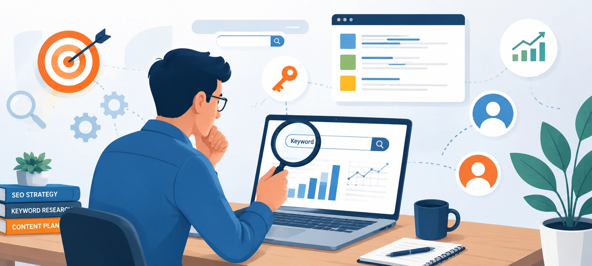 SEO keyword research concept showing search analysis, keyword planning, content strategy, and website optimization workflow.
