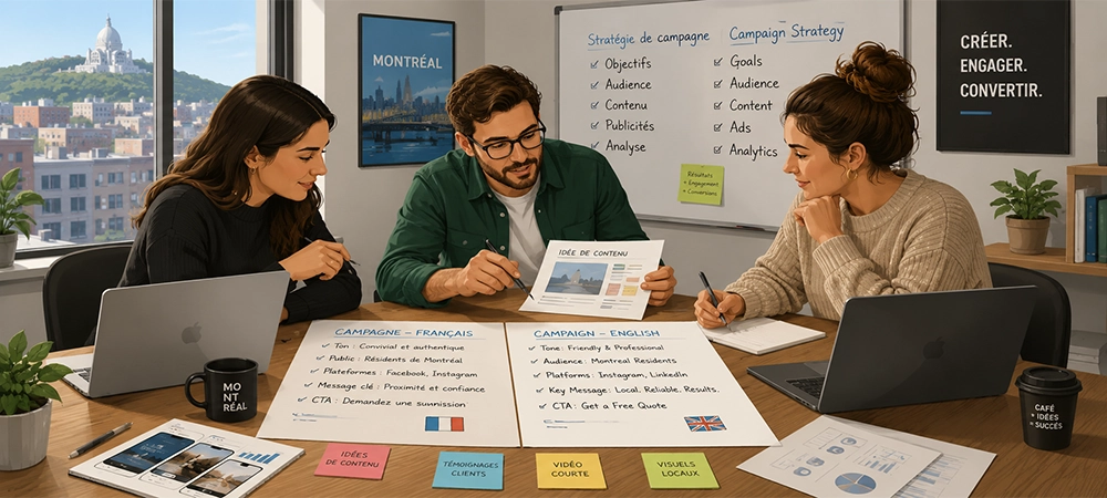 Marketing team reviewing bilingual social media content