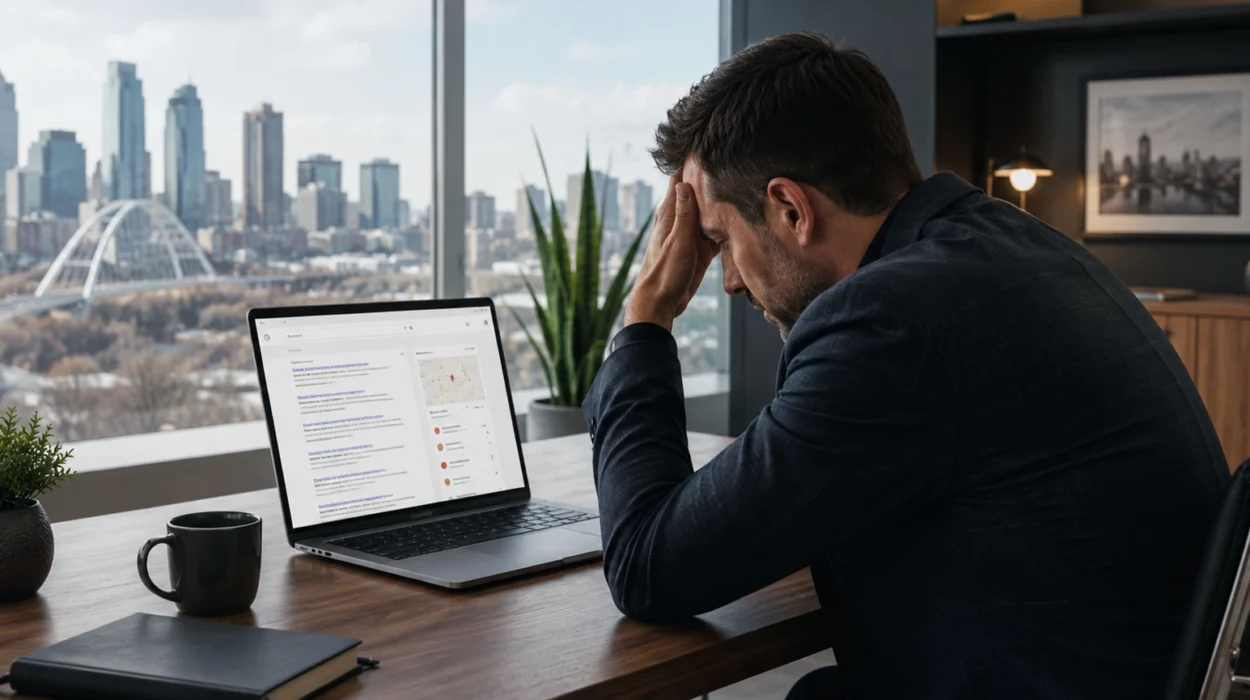Edmonton business owner checking Google search rankings, looking frustrated that their business isn't visible online.
