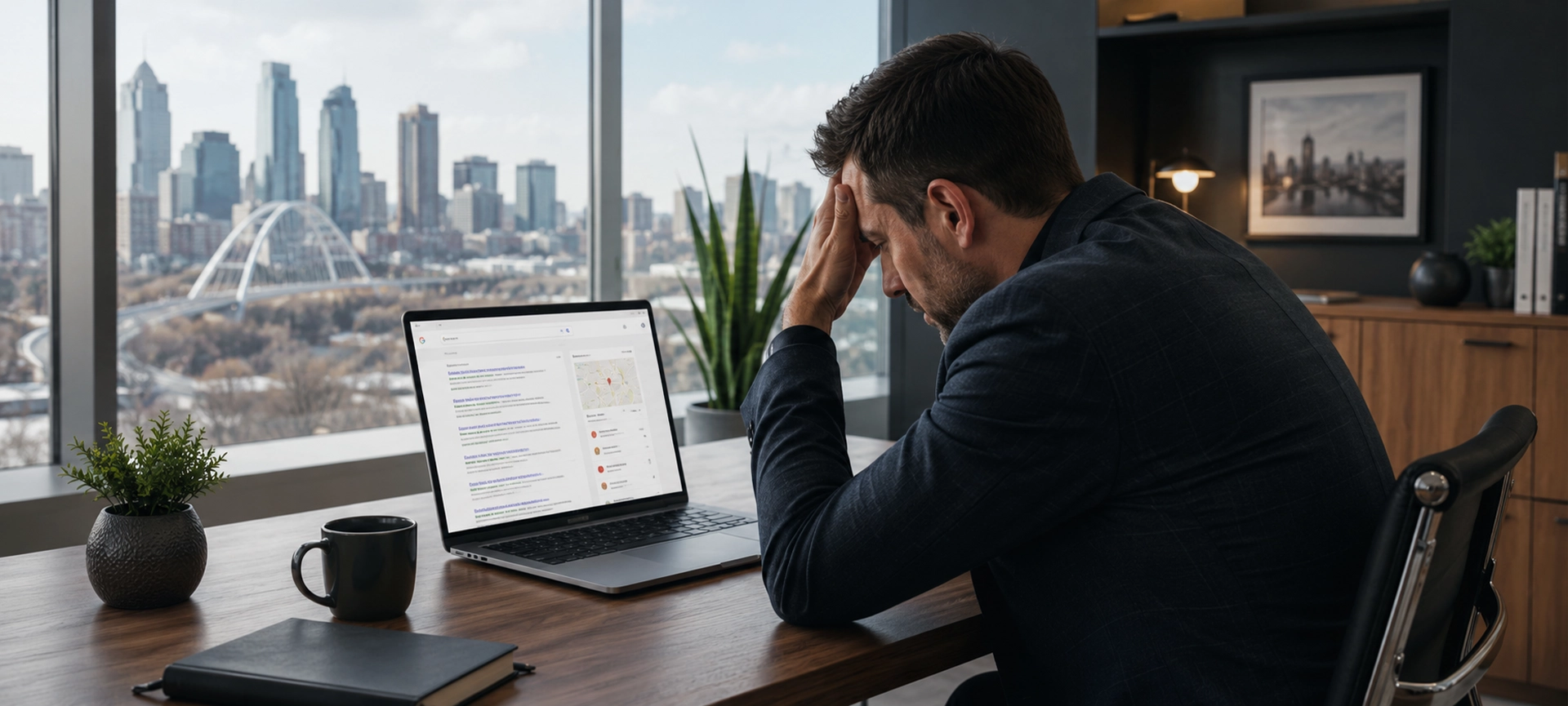 Edmonton business owner checking Google search rankings, looking frustrated that their business isn't visible online.