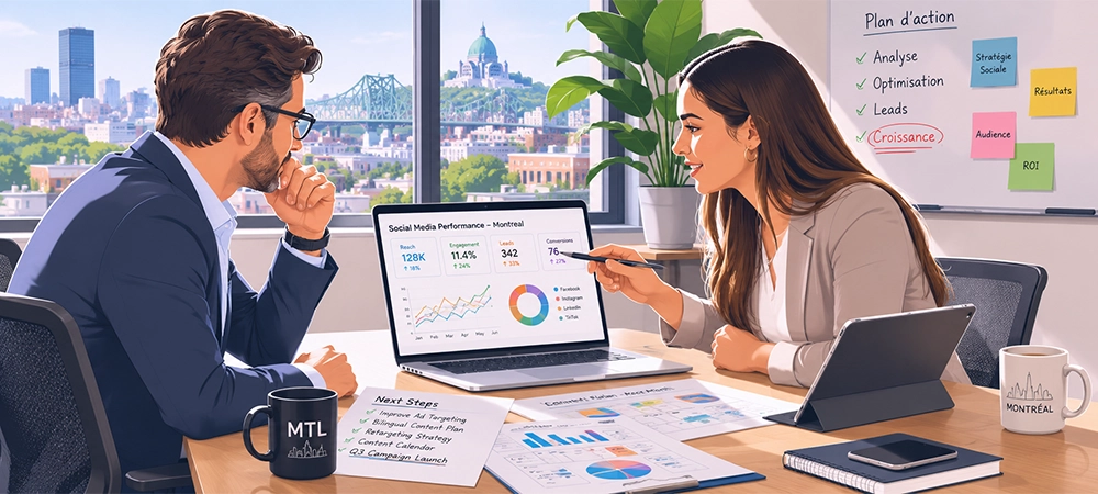 Montreal Business owner reviewing social media results with a consultant