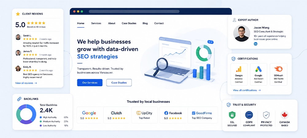 E-E-A-T signals improving website authority and AI search trust.