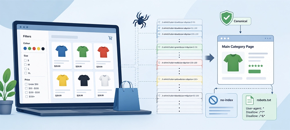 Ecommerce product filters generating multiple URLs with canonical tags, no-index rules, robots.txt, and a clean category page.