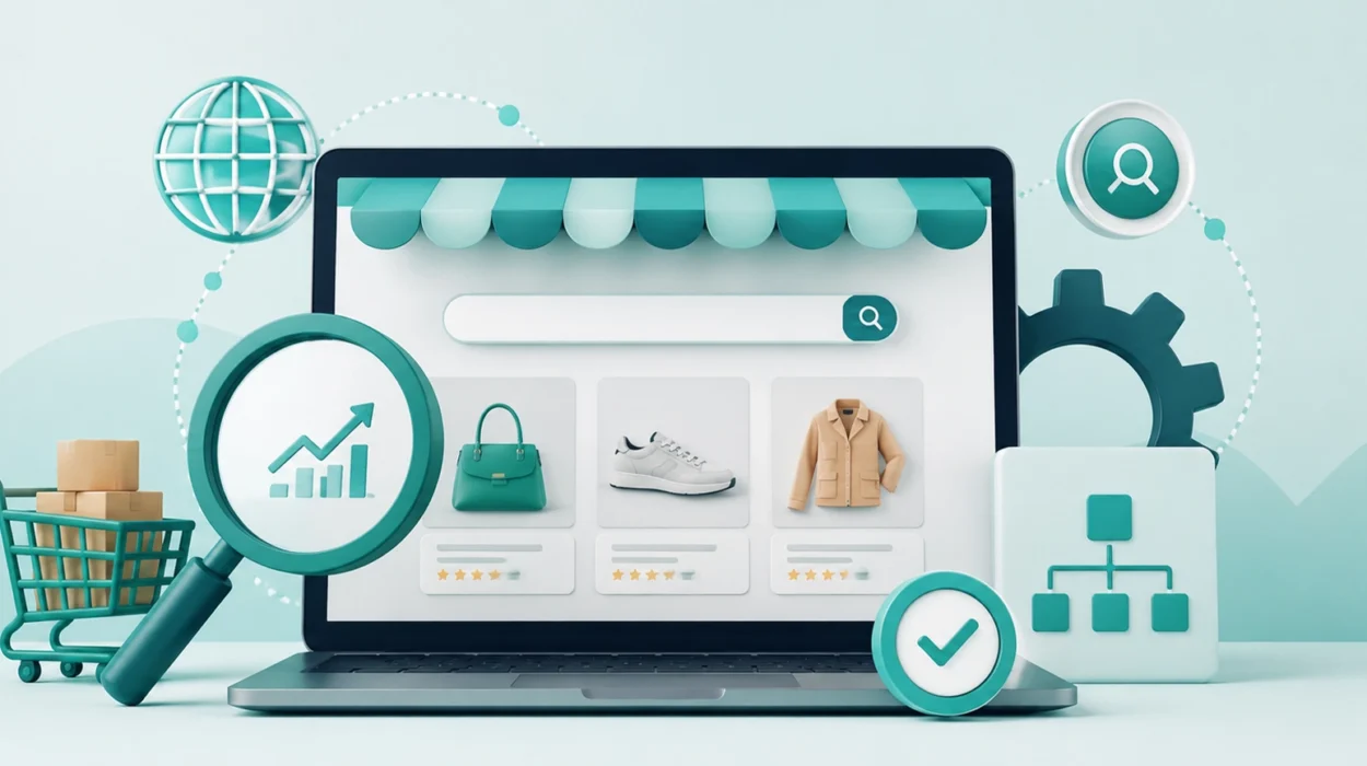 Ecommerce website on a laptop with product listings, search optimization, site structure, and online shopping elements.