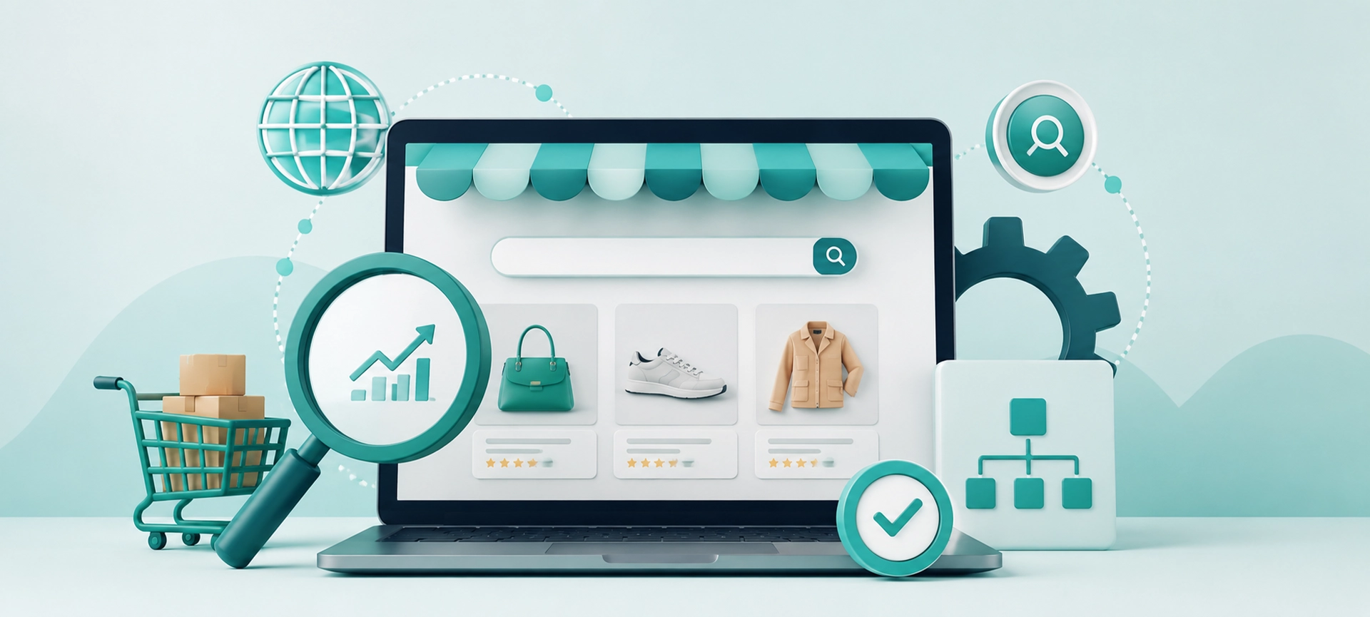 Ecommerce website on a laptop with product listings, search optimization, site structure, and online shopping elements.