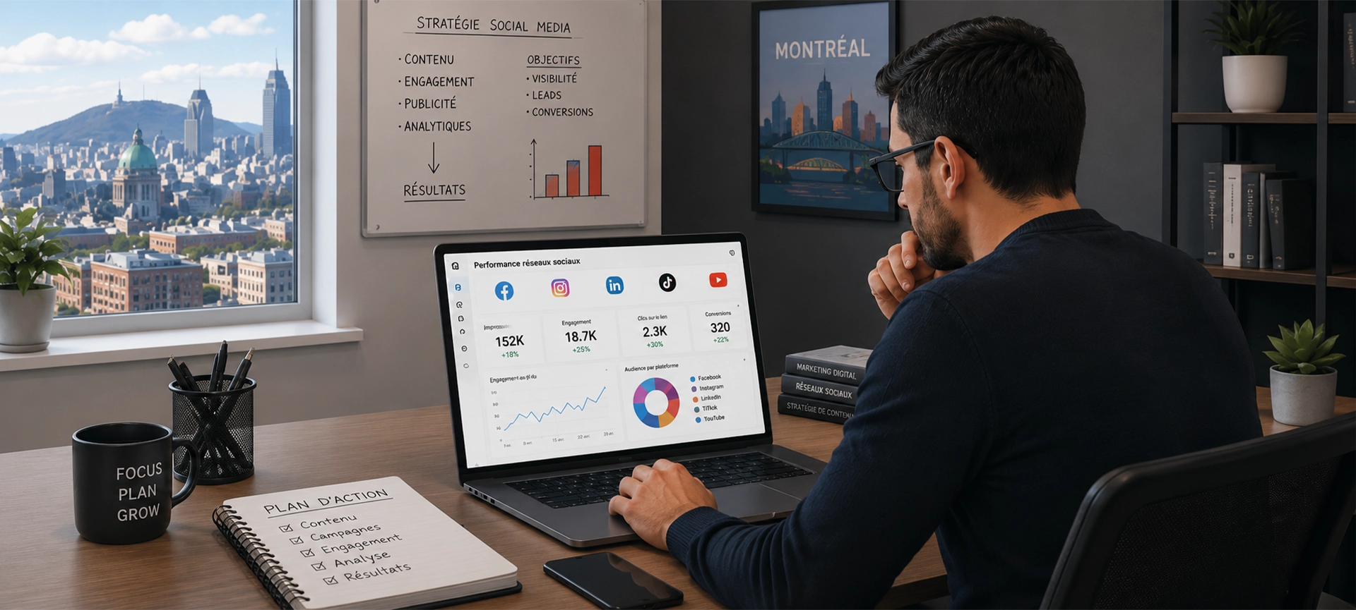 Montreal business owner reviewing social media performance