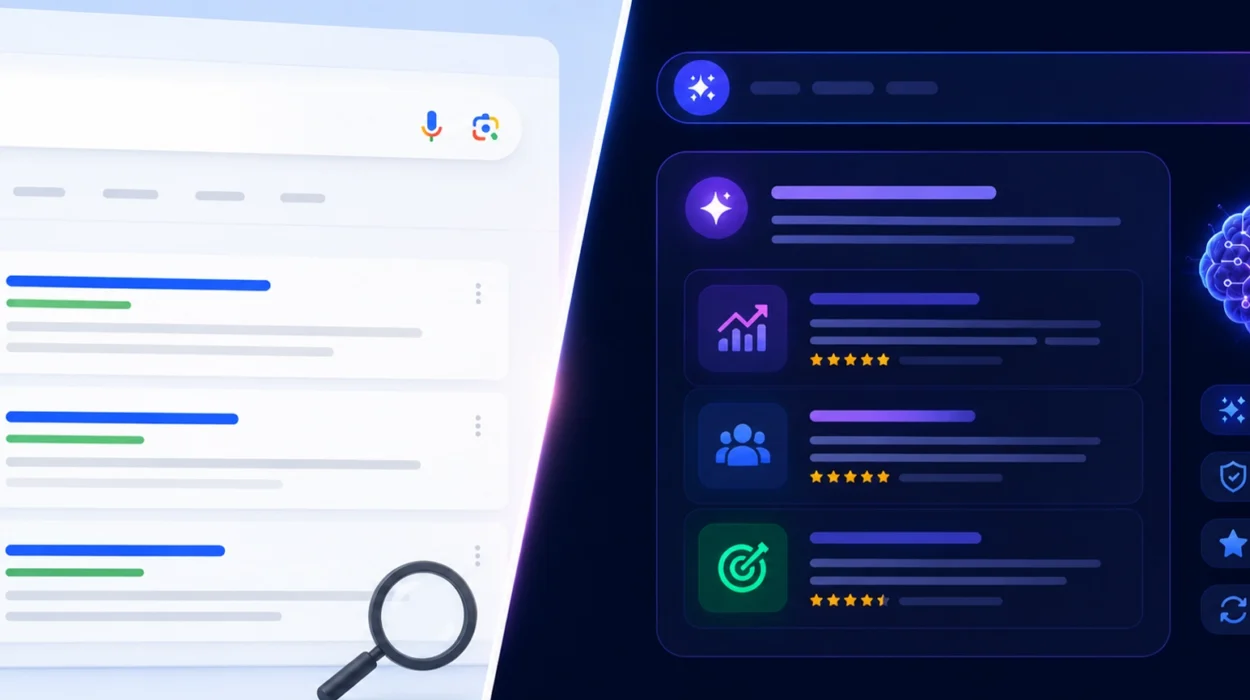 Comparison between traditional Google search and AI-generated search results.