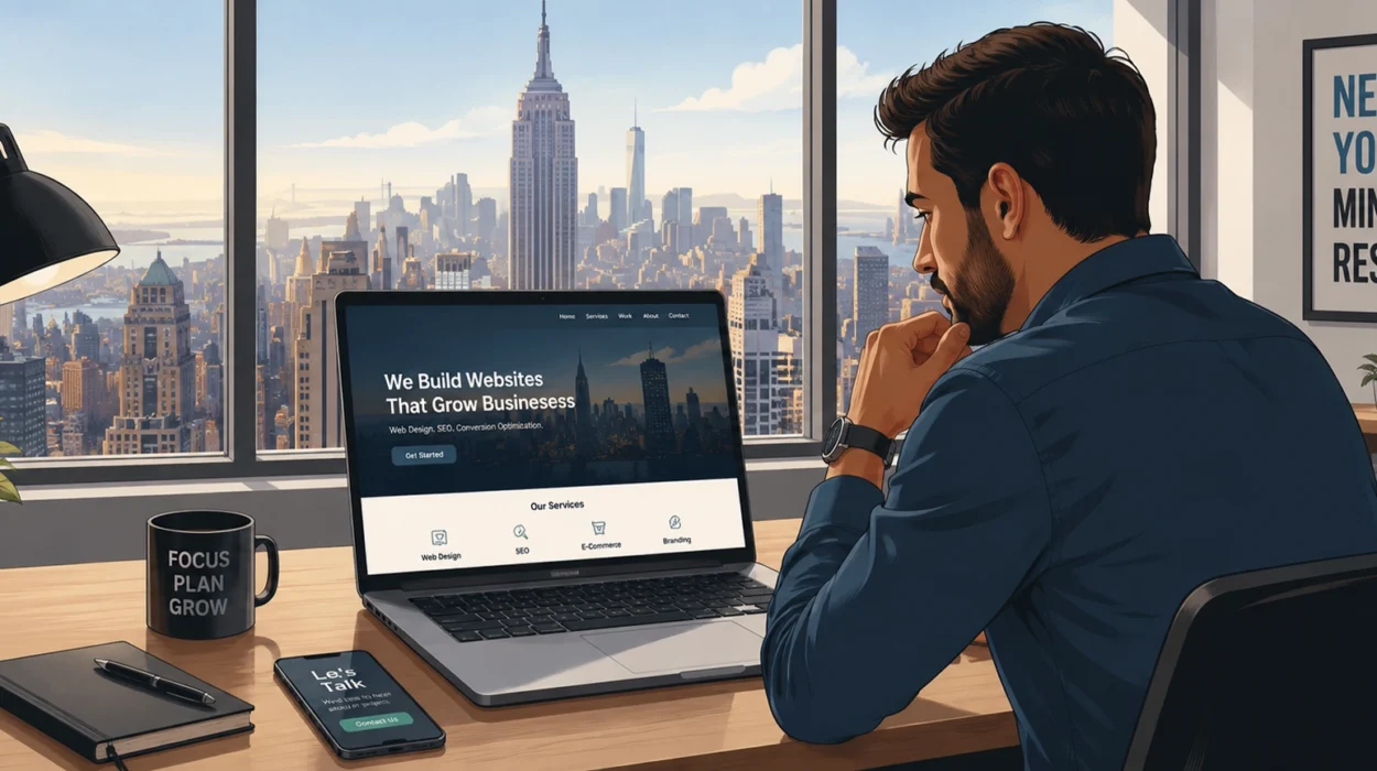 New York business owner reviewing their website on a laptop
