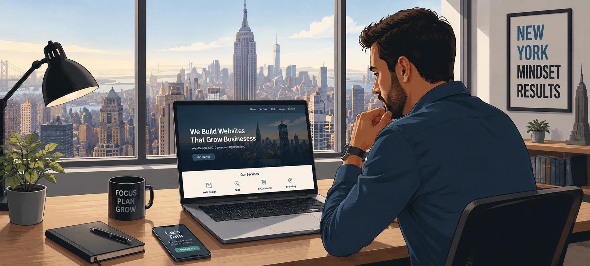 New York business owner reviewing their website on a laptop