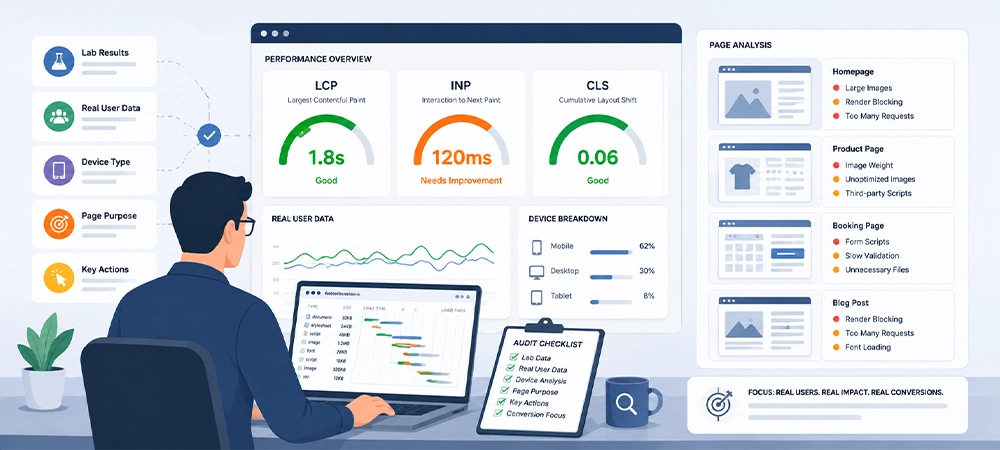 Website speed audit displaying Core Web Vitals metrics and performance analysis