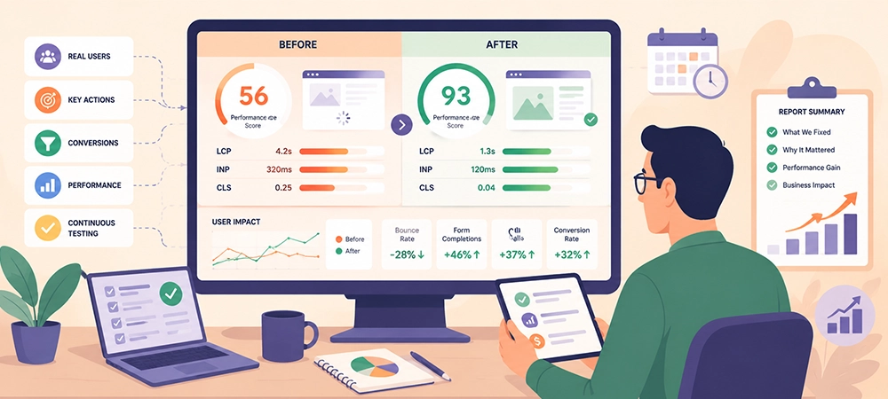 Website performance comparison showing before and after speed improvements with analytics
